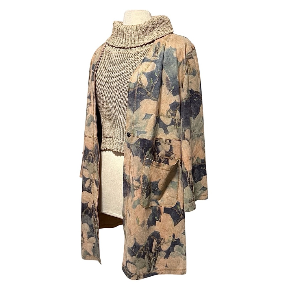 Solitaire Long Sleeve Full Length Open Faux Suede Floral Trench Coat Size Large
